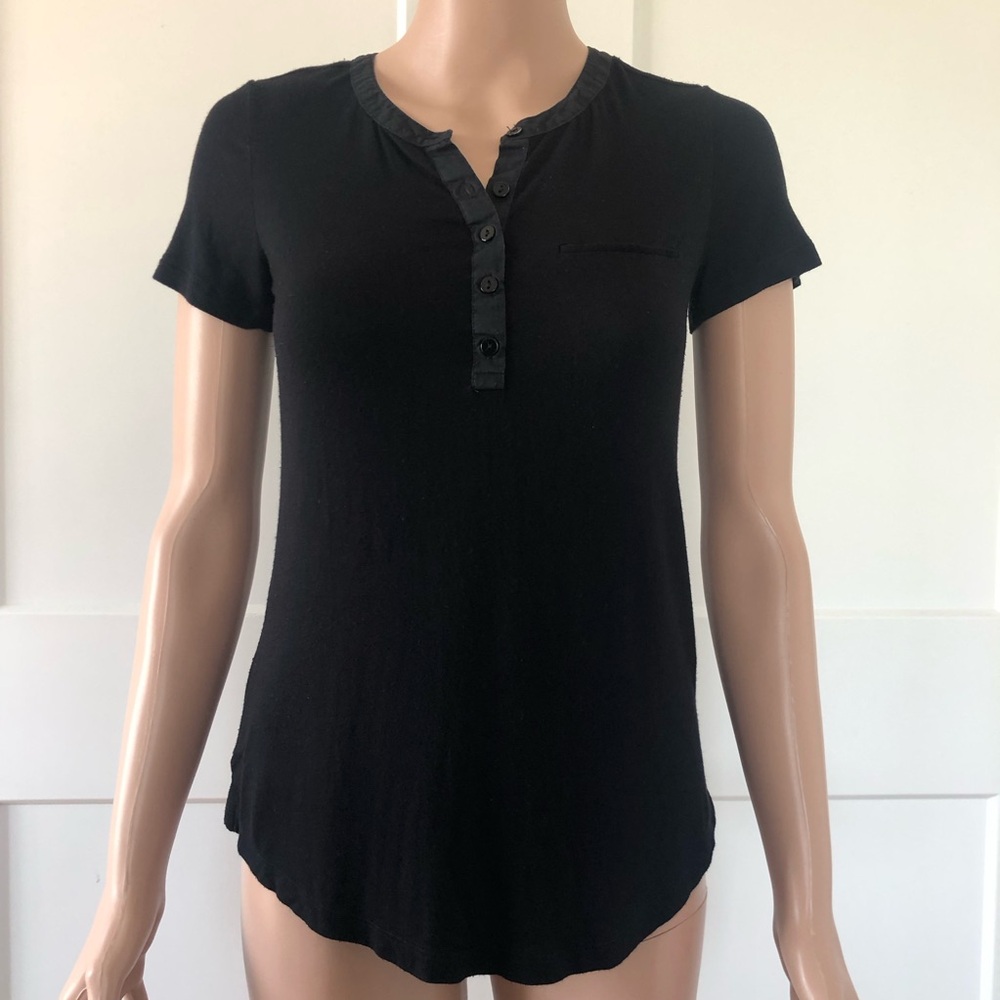 NYDJ Black Short Sleeves Button Pleated Tee Shirt PXXS Petite XXS